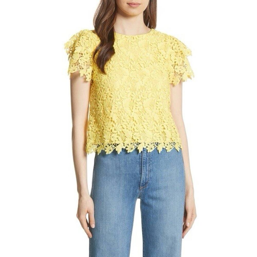 NWOT Alice + Olivia Franca Flutter Sleeve Yellow Lace Top New XS